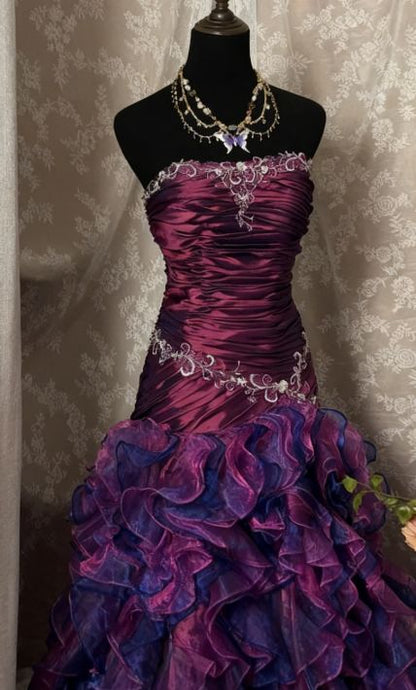 Enchanted Green Strapless Lace Applique Ruched Bodice Layered Ruffle Mermaid Long Prom Dress AD1135