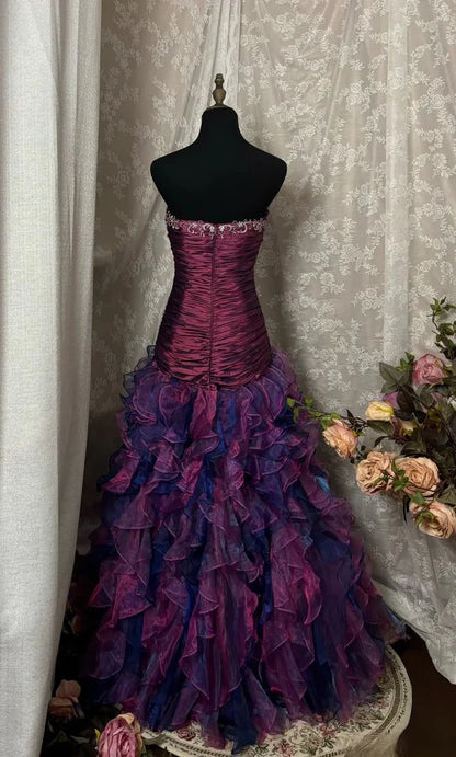 Enchanted Green Strapless Lace Applique Ruched Bodice Layered Ruffle Mermaid Long Prom Dress AD1135