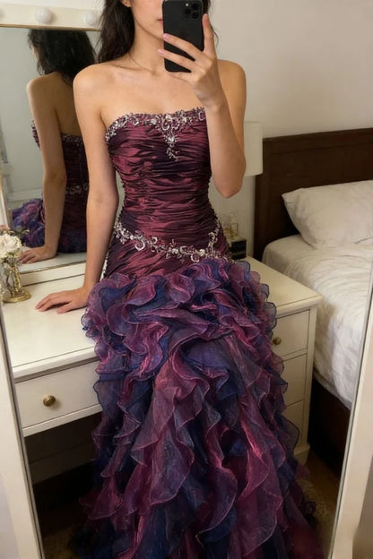 Enchanted Green Strapless Lace Applique Ruched Bodice Layered Ruffle Mermaid Long Prom Dress AD1135