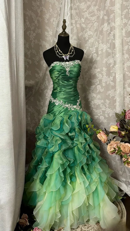 Enchanted Green Strapless Lace Applique Ruched Bodice Layered Ruffle Mermaid Long Prom Dress AD1135