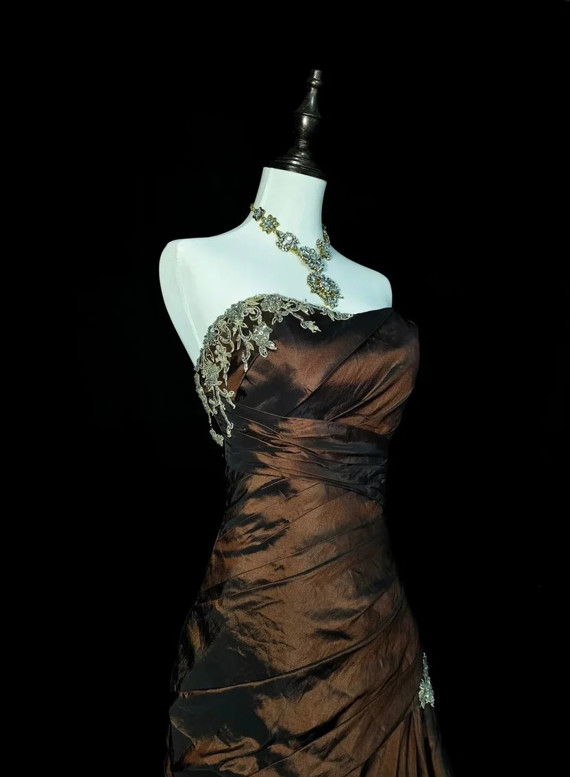 Luxe Brown Strapless Silver Appliques Ruched Mermaid Chapel Train Long Prom Dress AD1136