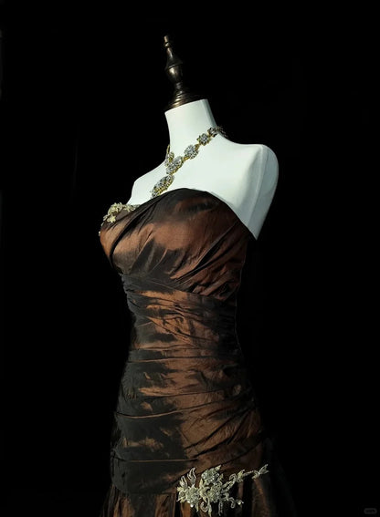 Luxe Brown Strapless Silver Appliques Ruched Mermaid Chapel Train Long Prom Dress AD1136