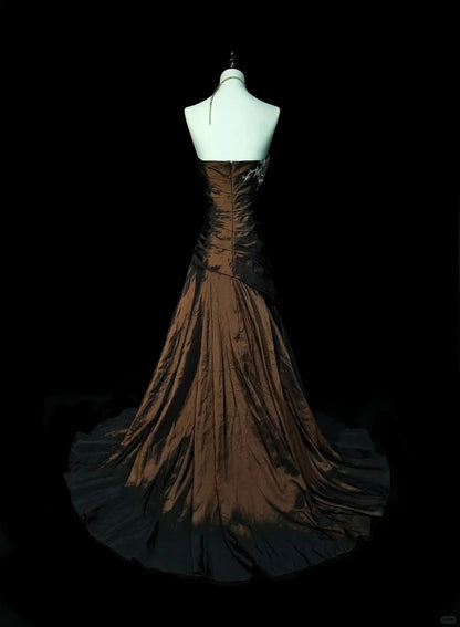 Luxe Brown Strapless Silver Appliques Ruched Mermaid Chapel Train Long Prom Dress AD1136