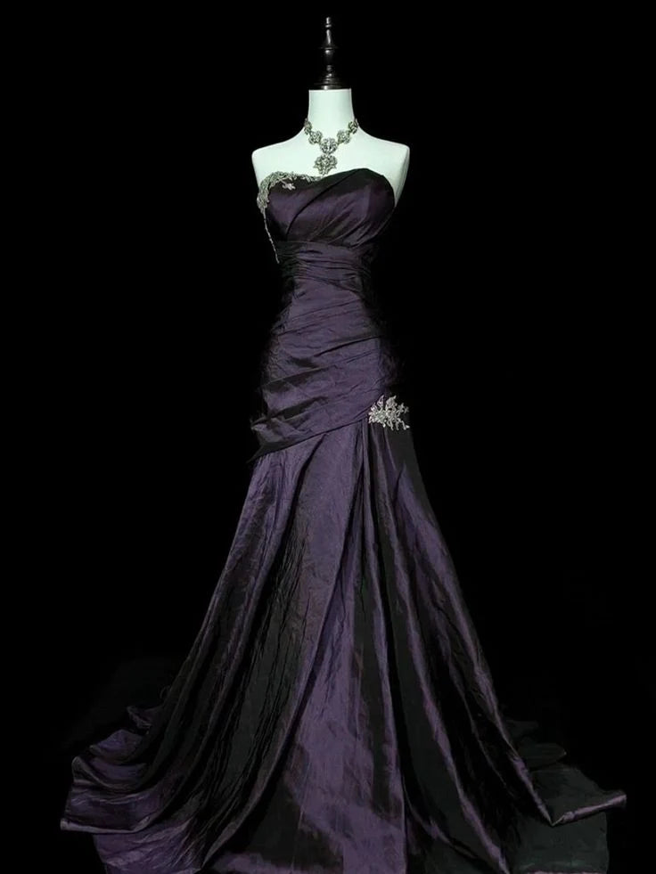 Luxe Brown Strapless Silver Appliques Ruched Mermaid Chapel Train Long Prom Dress AD1136