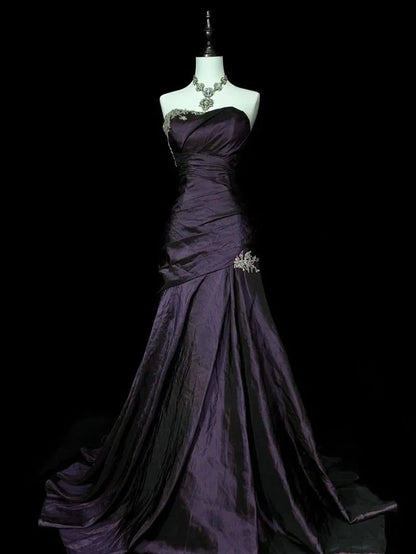 Luxe Brown Strapless Silver Appliques Ruched Mermaid Chapel Train Long Prom Dress AD1136