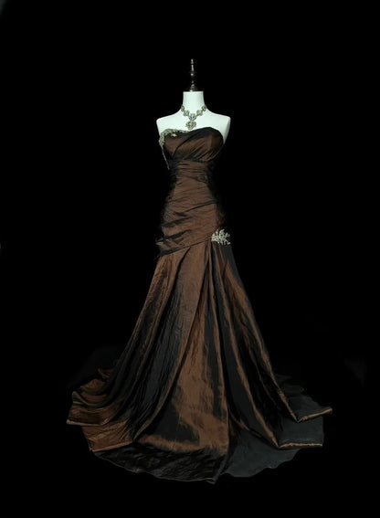 Luxe Brown Strapless Silver Appliques Ruched Mermaid Chapel Train Long Prom Dress AD1136