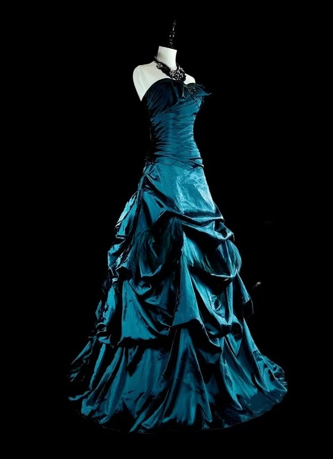 Moody Teal Strapless Draped Ruffle Layered Long Mermaid Prom Dress AD1137