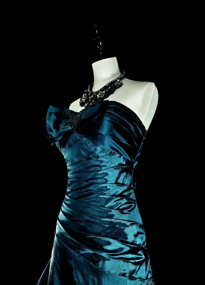 Moody Teal Strapless Draped Ruffle Layered Long Mermaid Prom Dress AD1137
