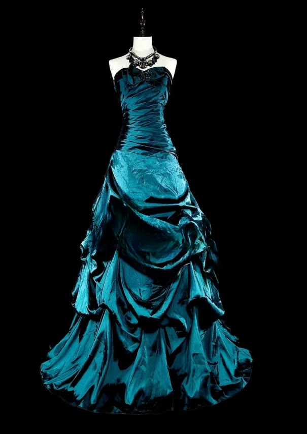 Moody Teal Strapless Draped Ruffle Layered Long Mermaid Prom Dress AD1137