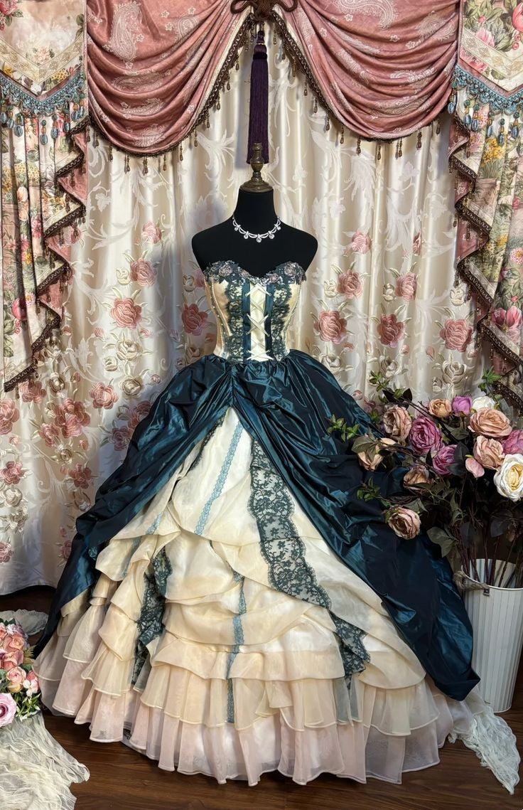 Regal Teal Ivory Strapless Sweetheart Neeck Corset Lace Trim Ball Gown Long Prom Dress AD1138