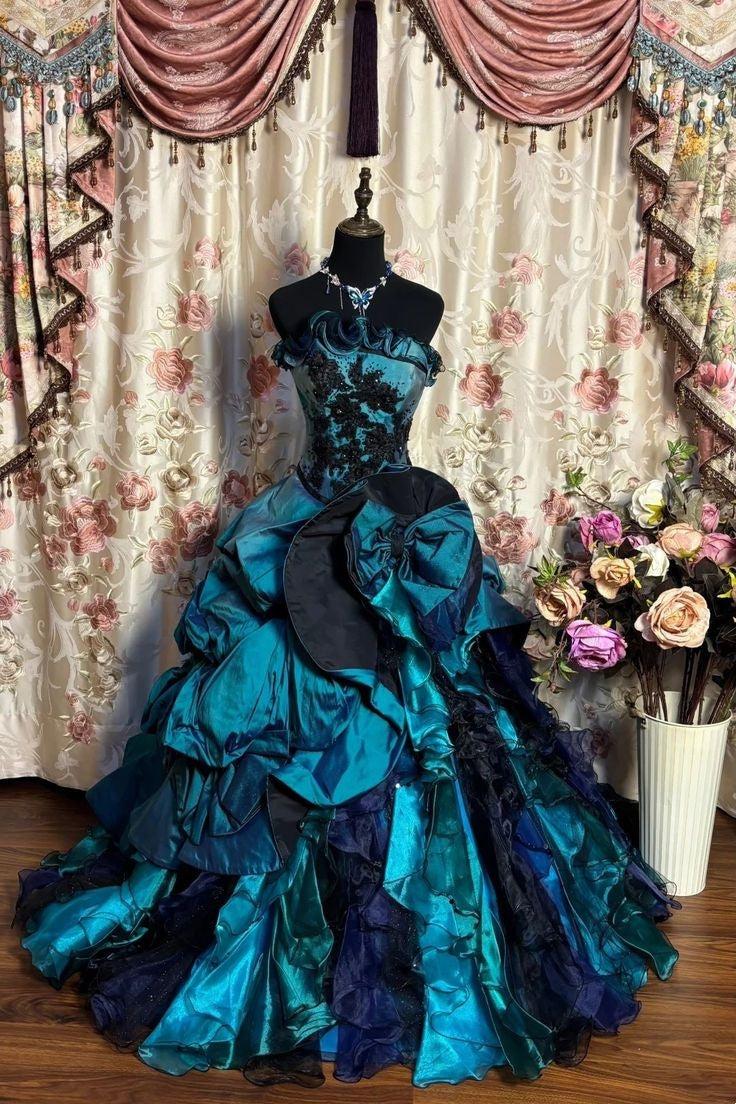 Dramatic Peacock Strapless Corset Black Lace Appliques Giant Side Bow Ruffled Satin Organza Layered Ball Gown Train Long Prom Dress AD1139