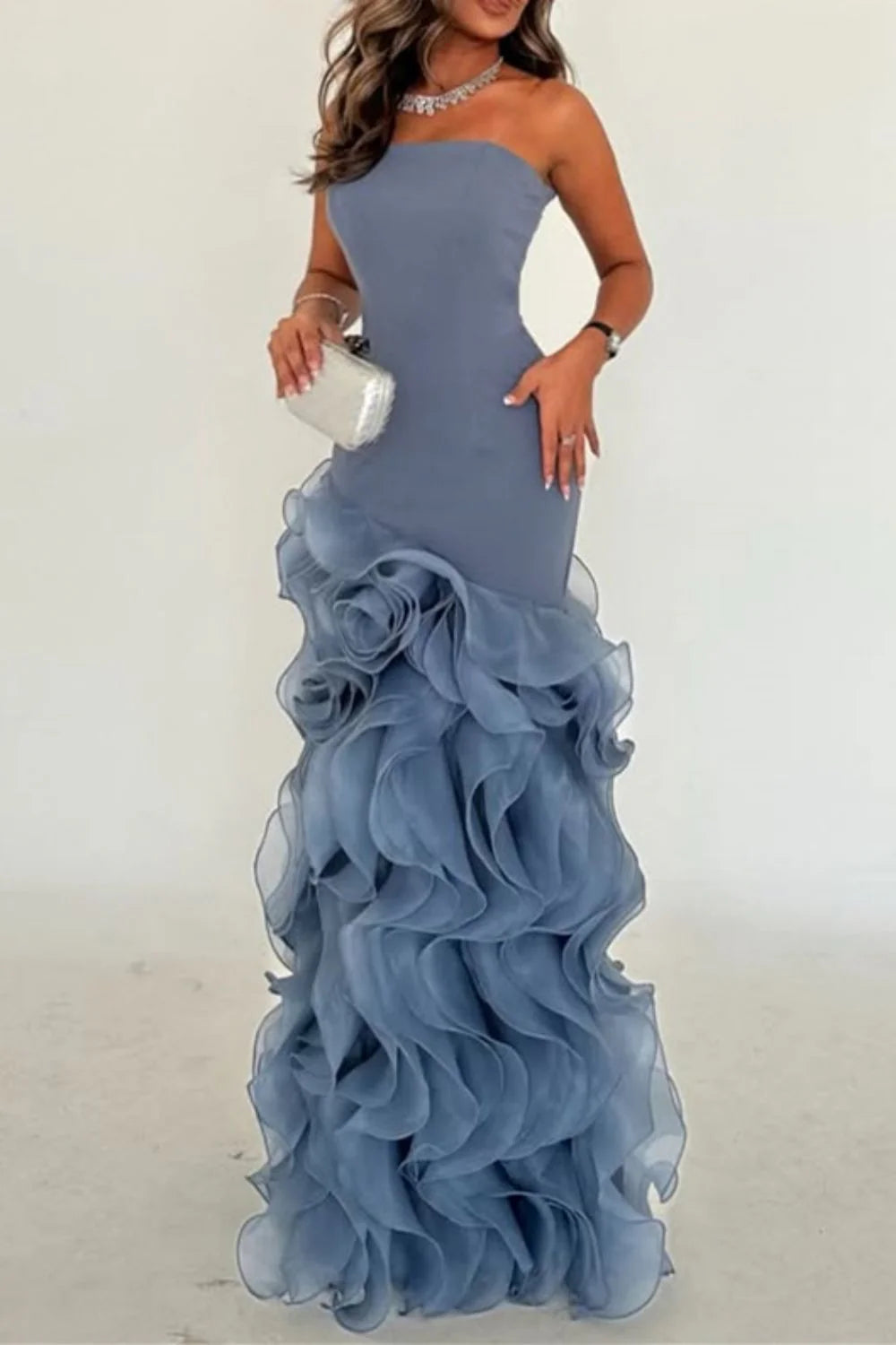 Elegant Mermaid Strapless Dusty Blue Long Tulle Prom Dress With Ruffle AD114