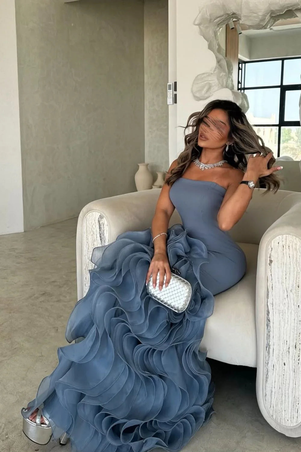 Elegant Mermaid Strapless Dusty Blue Long Tulle Prom Dress With Ruffle AD114