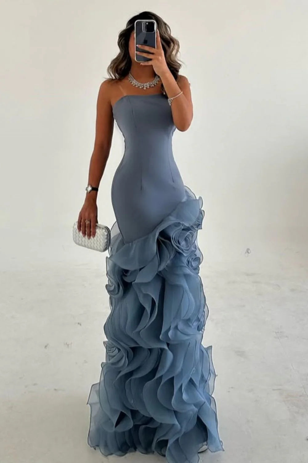 Elegant Mermaid Strapless Dusty Blue Long Tulle Prom Dress With Ruffle AD114