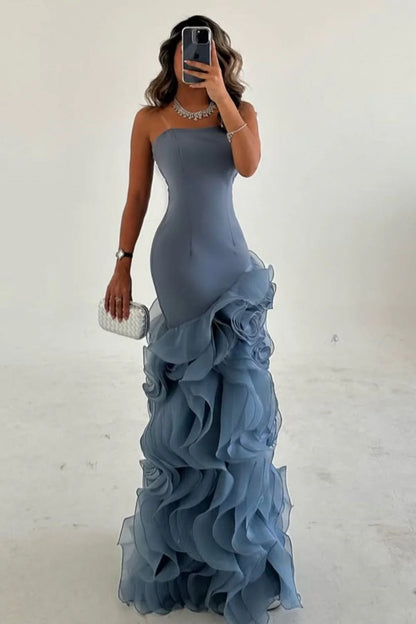 Elegant Mermaid Strapless Dusty Blue Long Tulle Prom Dress With Ruffle AD114