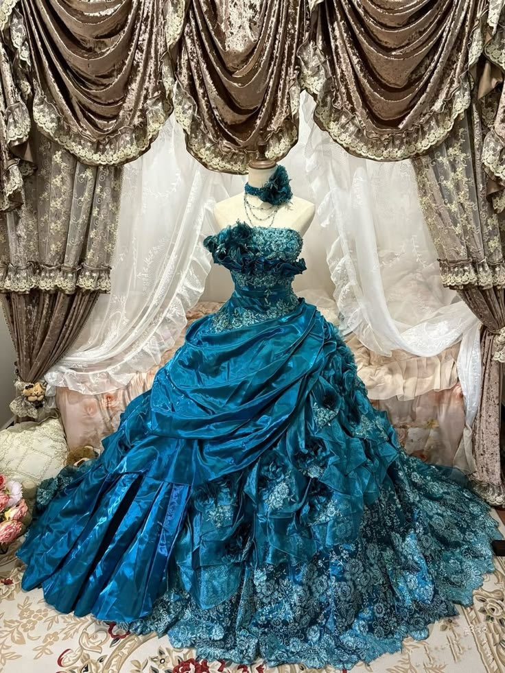 Luxury Teal Strapless Floral Appliques Corset Draped Satin Ruffle Ball Gown Chapel Train Prom Dress AD1140
