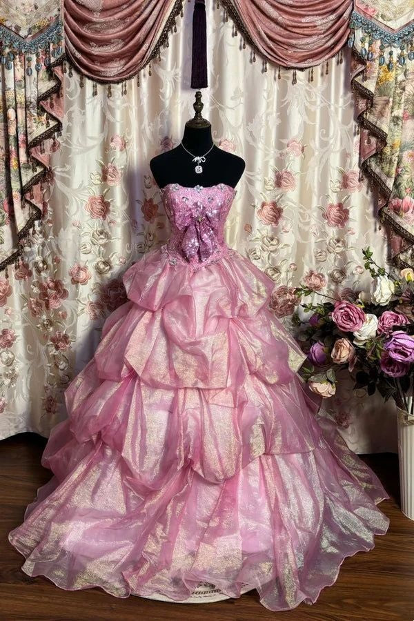 Sparkly Pink Strapless Glitter Corset Bow Multi-Layer Ruffle Organza Ball Gown Prom Dress AD1141