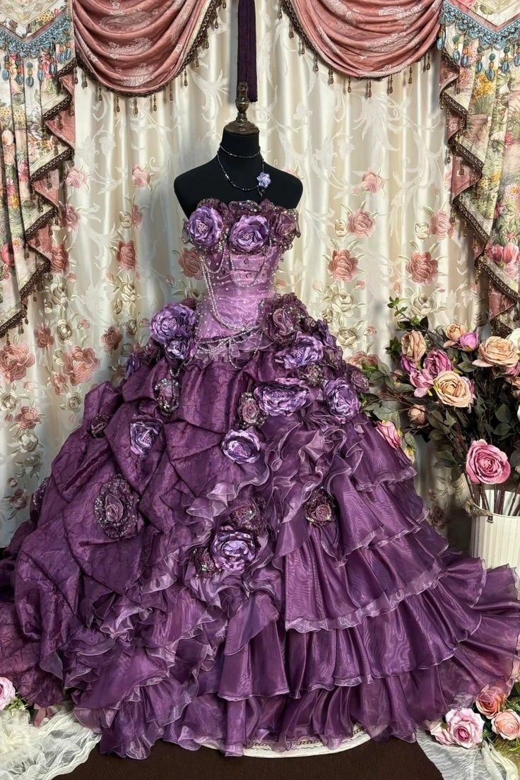Regal Purple Strapless Corset 3D Rose Floral Multi-Layer Ruffled Organza Ball Gown Long Prom Dress AD1144