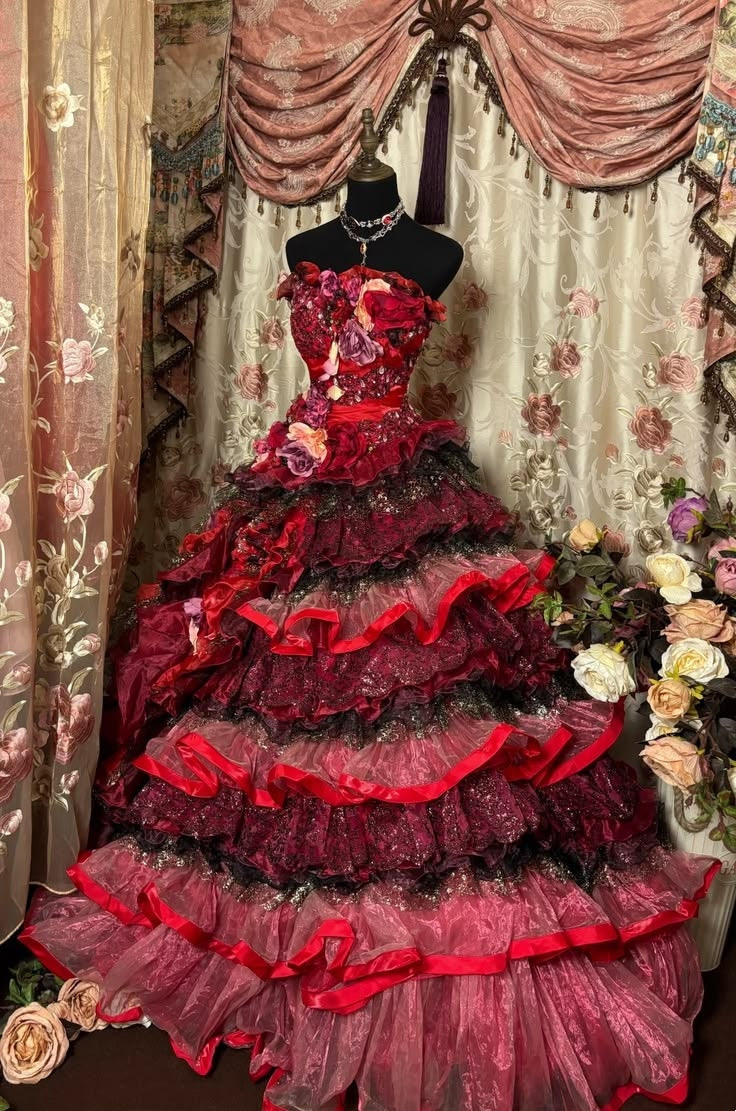 Dramatic Burgundy Red Strapless 3D Rose Floral Beaded Bodice Glitter Tiered Ruffle Tulle A Line Long Prom Dress AD1146