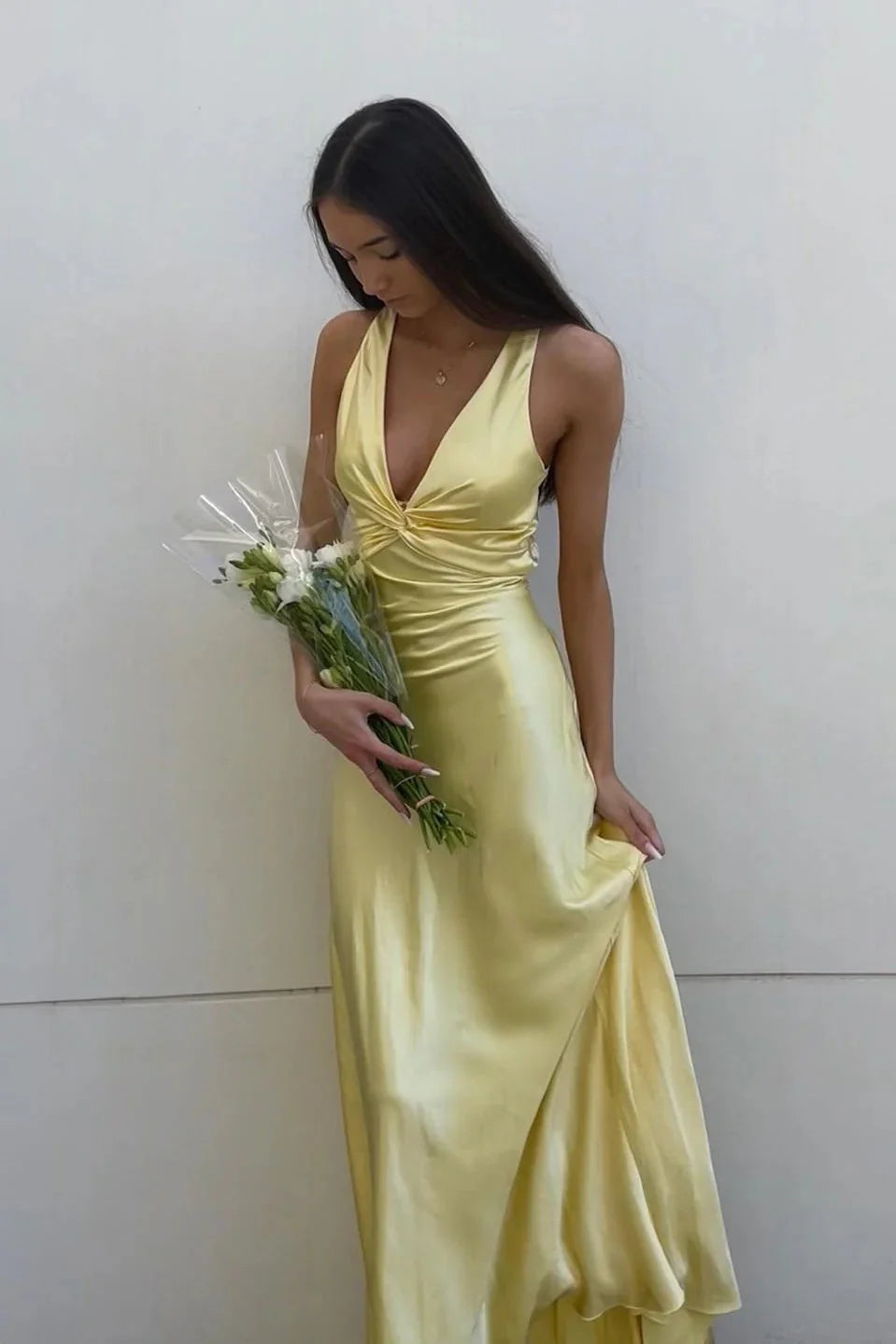 Chic Sheath Halter Neck Yellow Long Party Dress With Backless Bowknot AD115