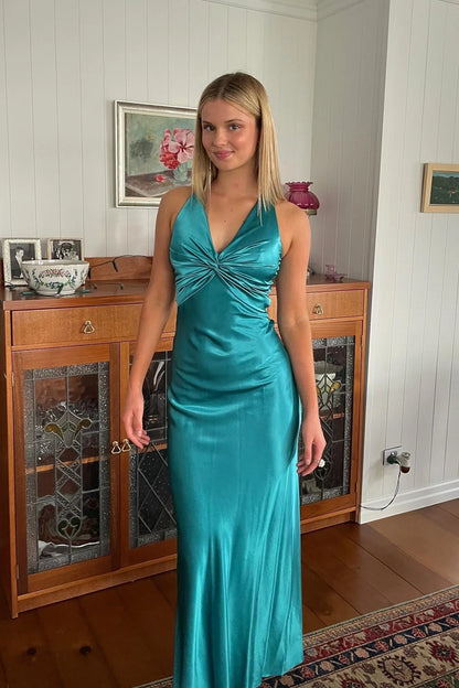 Chic Sheath Halter Neck Yellow Long Party Dress With Backless Bowknot AD115