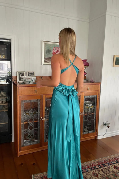 Chic Sheath Halter Neck Yellow Long Party Dress With Backless Bowknot AD115