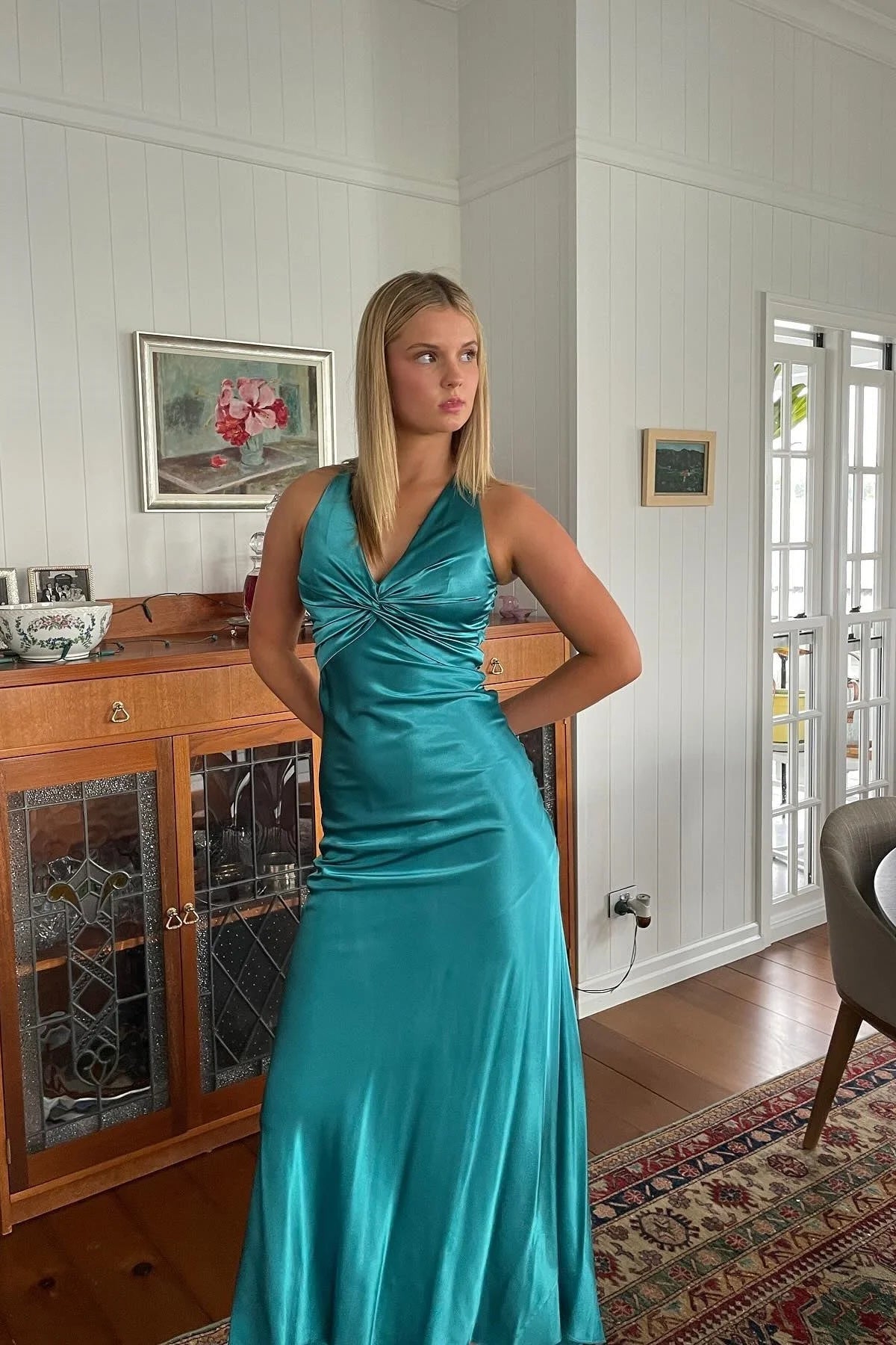 Chic Sheath Halter Neck Yellow Long Party Dress With Backless Bowknot AD115