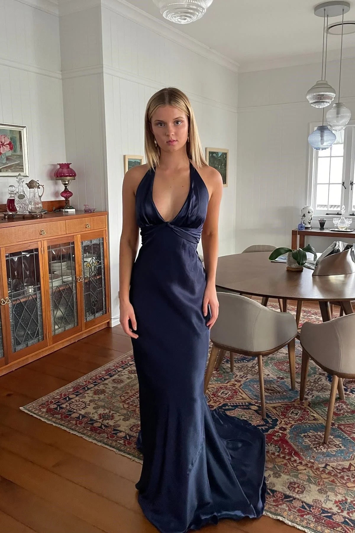 Chic Sheath Halter Neck Yellow Long Party Dress With Backless Bowknot AD115