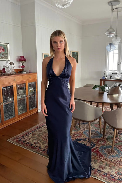 Chic Sheath Halter Neck Yellow Long Party Dress With Backless Bowknot AD115