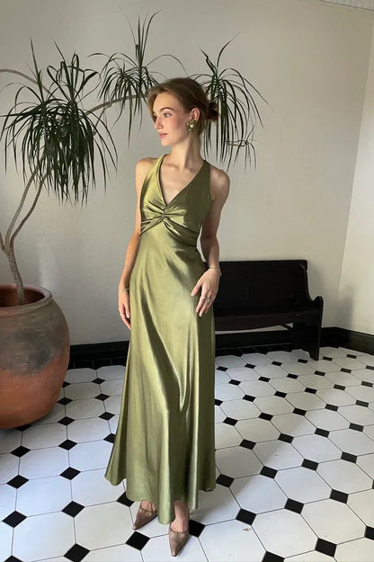 Chic Sheath Halter Neck Yellow Long Party Dress With Backless Bowknot AD115