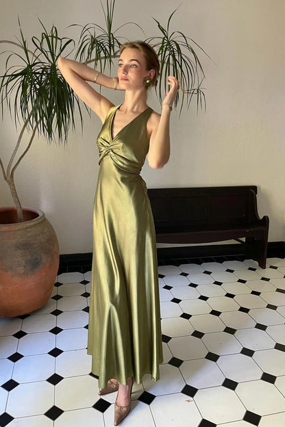 Chic Sheath Halter Neck Yellow Long Party Dress With Backless Bowknot AD115