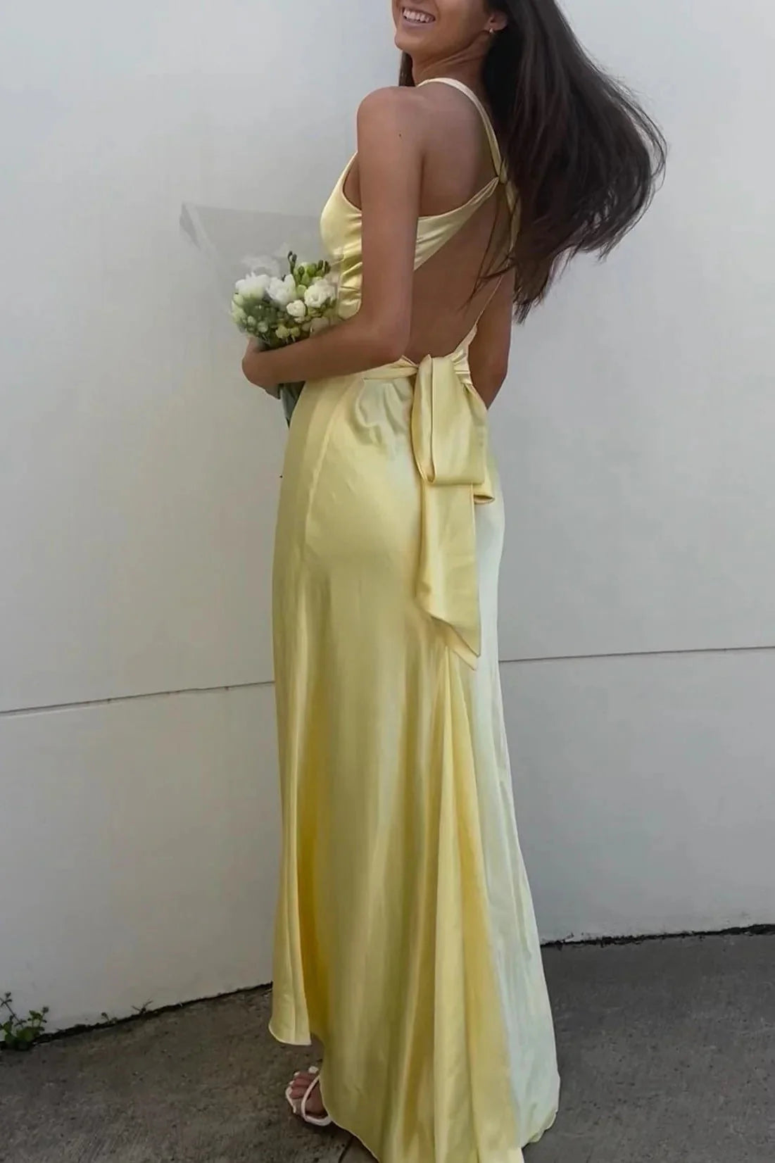 Chic Sheath Halter Neck Yellow Long Party Dress With Backless Bowknot AD115