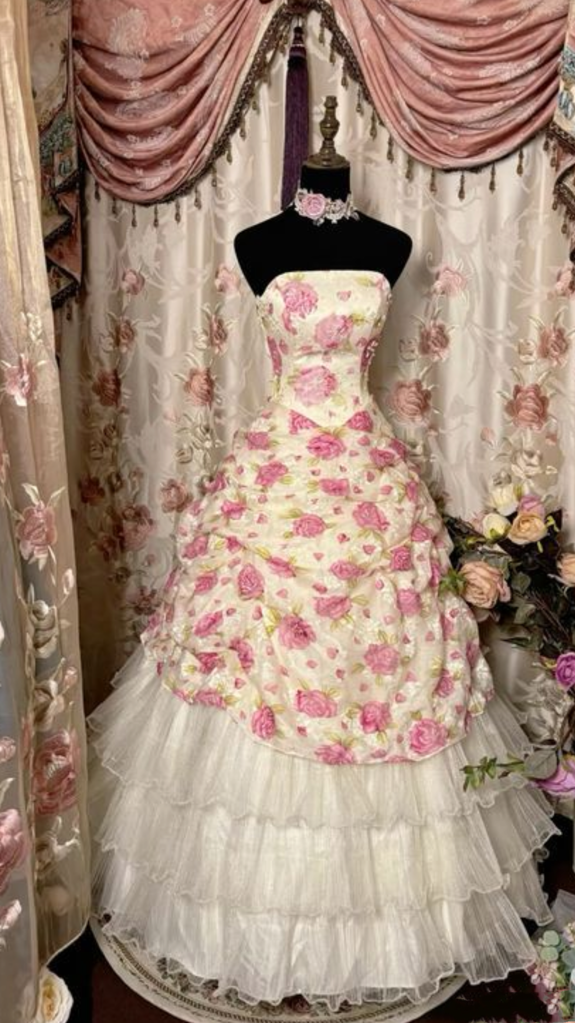 Sweet Pink Rose Print Strapless Corset Ruffled Overlayer Tiered Sheer Tulle A Line Long Prom Dress AD1152