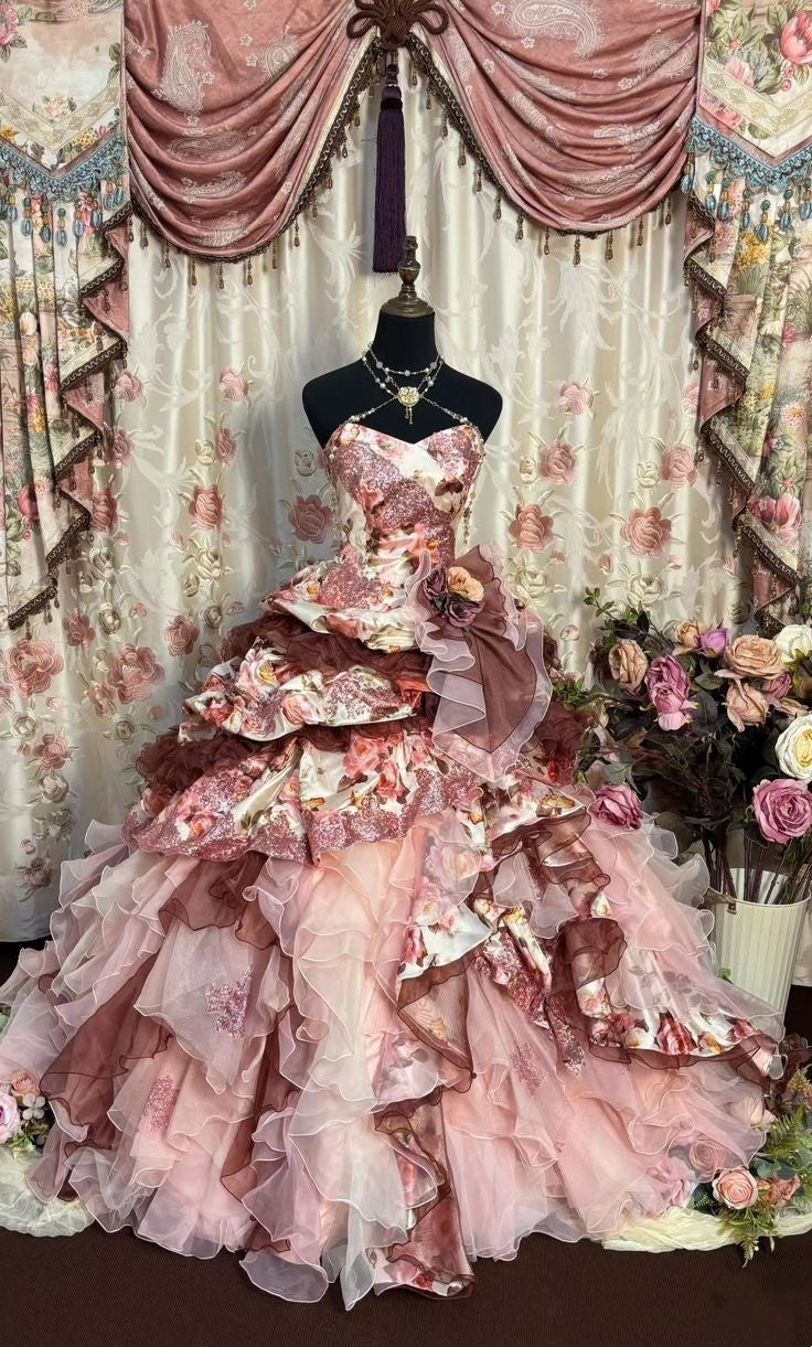 Luxurious Brown Pink Sweetheart Neck Floral Glitter Multi-Layer Ruffled Tulle Ball Gown Long Prom Dress AD1153