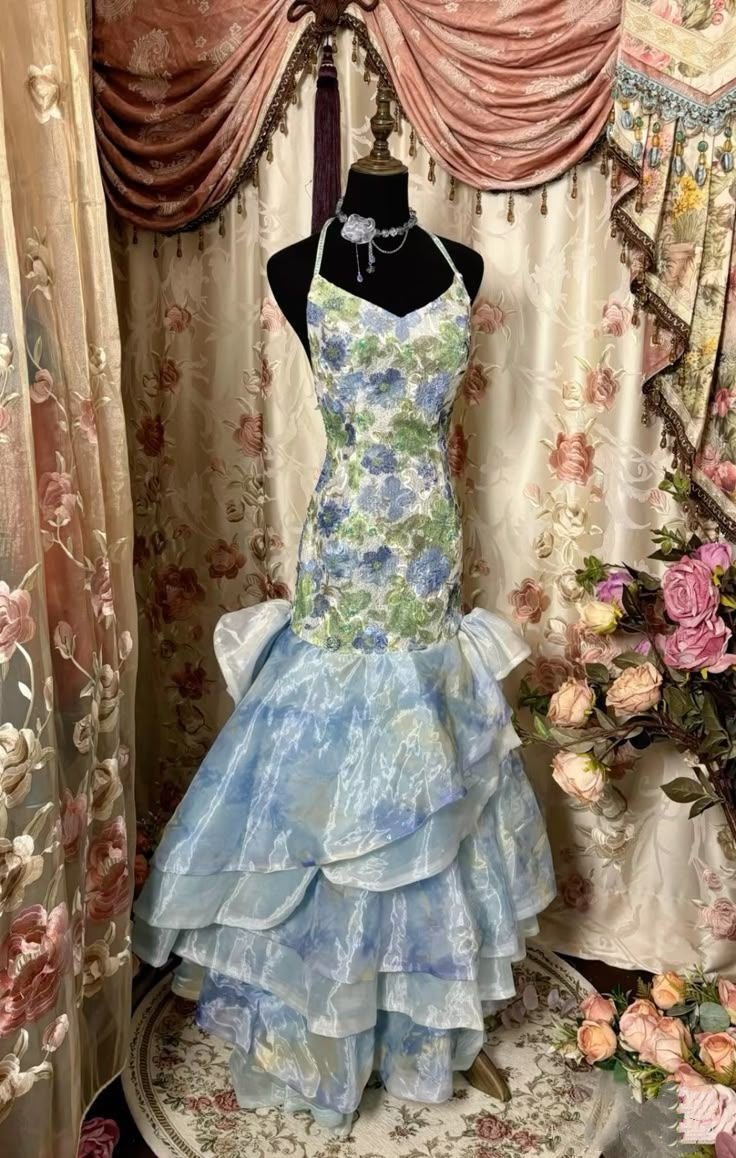 Fresh Blue Green Floral Watercolor Halter Multi-Tiered Organza Ruffle Mermaid Long Prom Dress AD1155