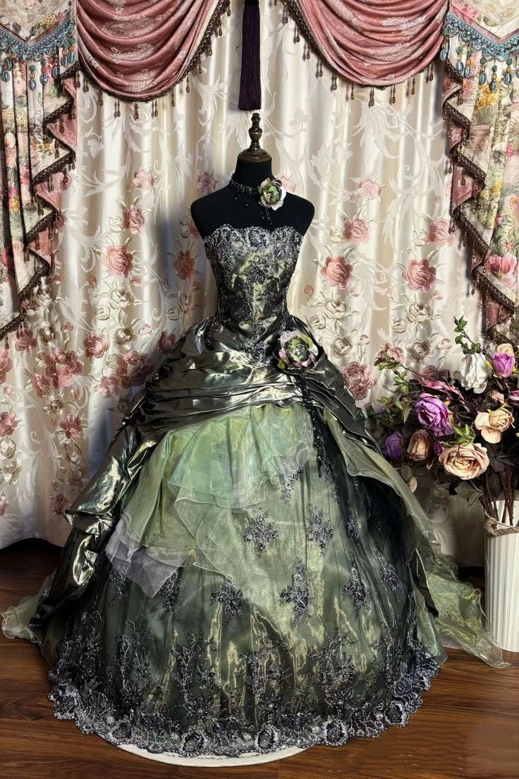 Mysterious Green Strapless Black Lace Floral Satin Bodice Layered Tulle Train Ballgown Long Prom Dress AD1156