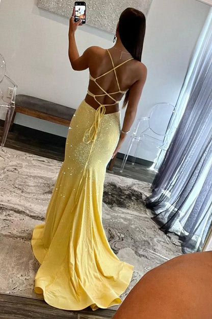 Yellow Mermaid Prom Dress With Cutout Waist Lace Up Corset And Beaded Details AD116
