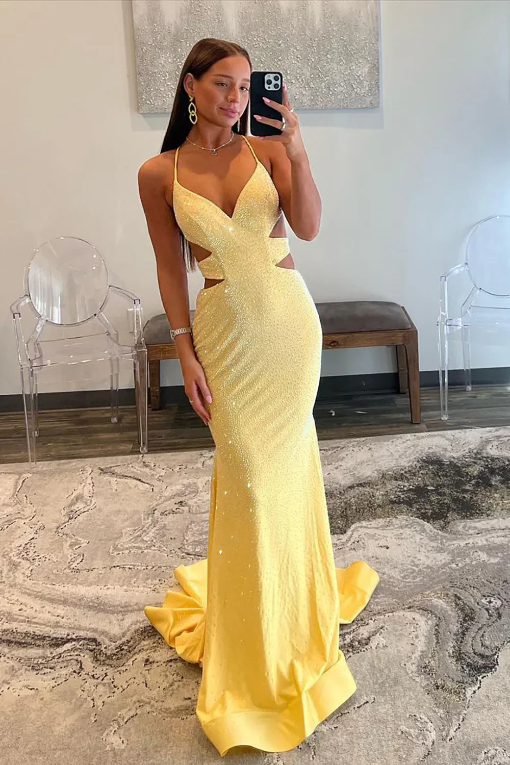 Yellow Mermaid Prom Dress With Cutout Waist Lace Up Corset And Beaded Details AD116