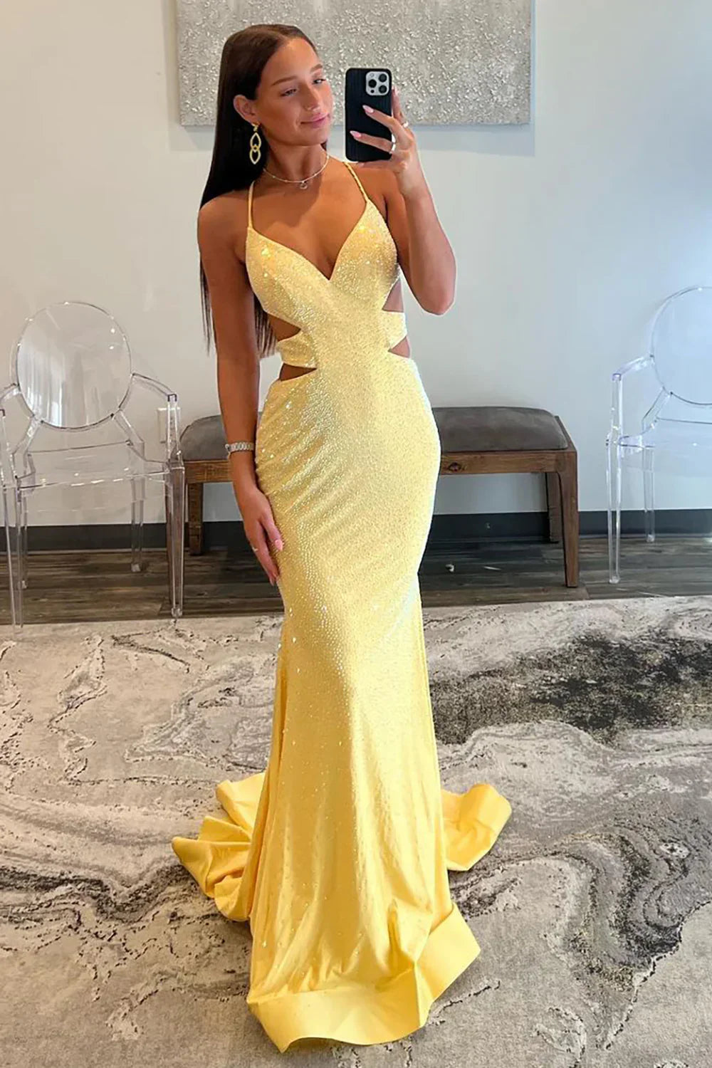 Yellow Mermaid Prom Dress With Cutout Waist Lace Up Corset And Beaded Details AD116