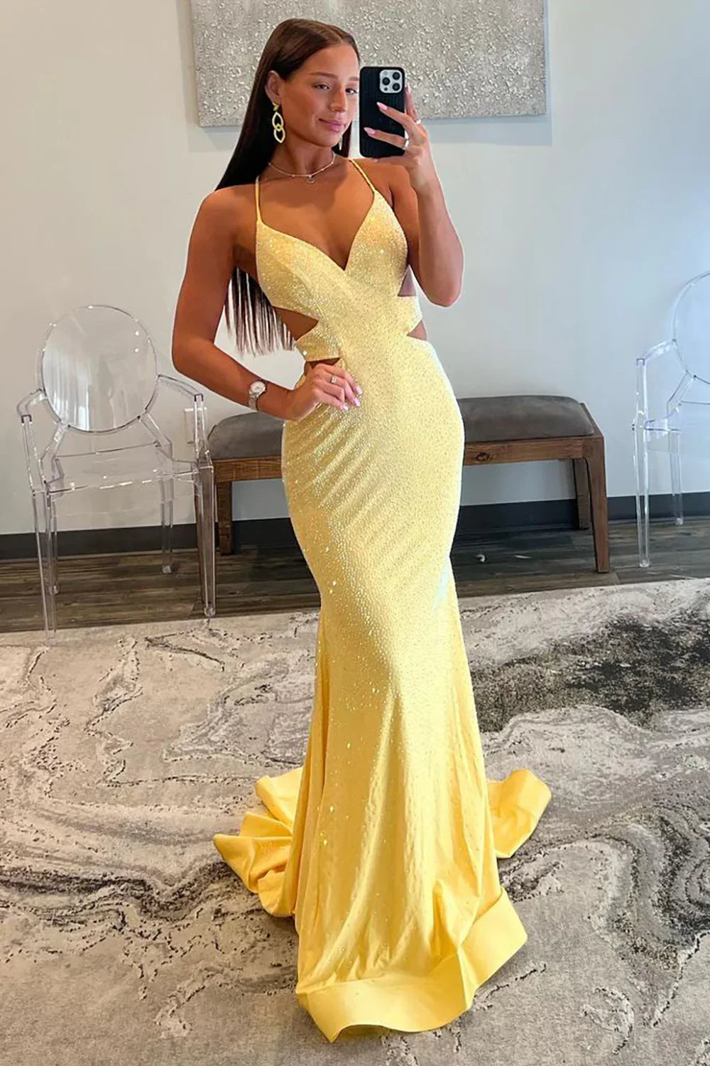 Yellow Mermaid Prom Dress With Cutout Waist Lace Up Corset And Beaded Details AD116