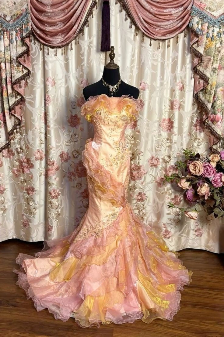 Luxurious Peach Orange Ruffle Strapless Beaded Bodice Ruffled Layered Organza Train Mermaid Long Prom Dress AD1162