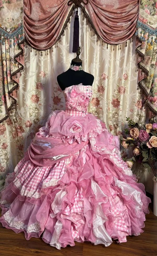 Sweet Pink Gingham Strapless 3D Rose Appliques Tiered Ruffled Organza Lace Trim Train Ball Gown Long Prom Dress AD1163