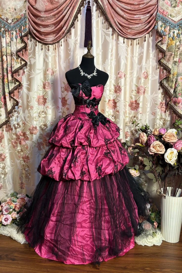 Edgy Fuchsia Strapless Black Bows Floral Embroidery Tiered Ball Gown Tulle Long Prom Dress AD1166