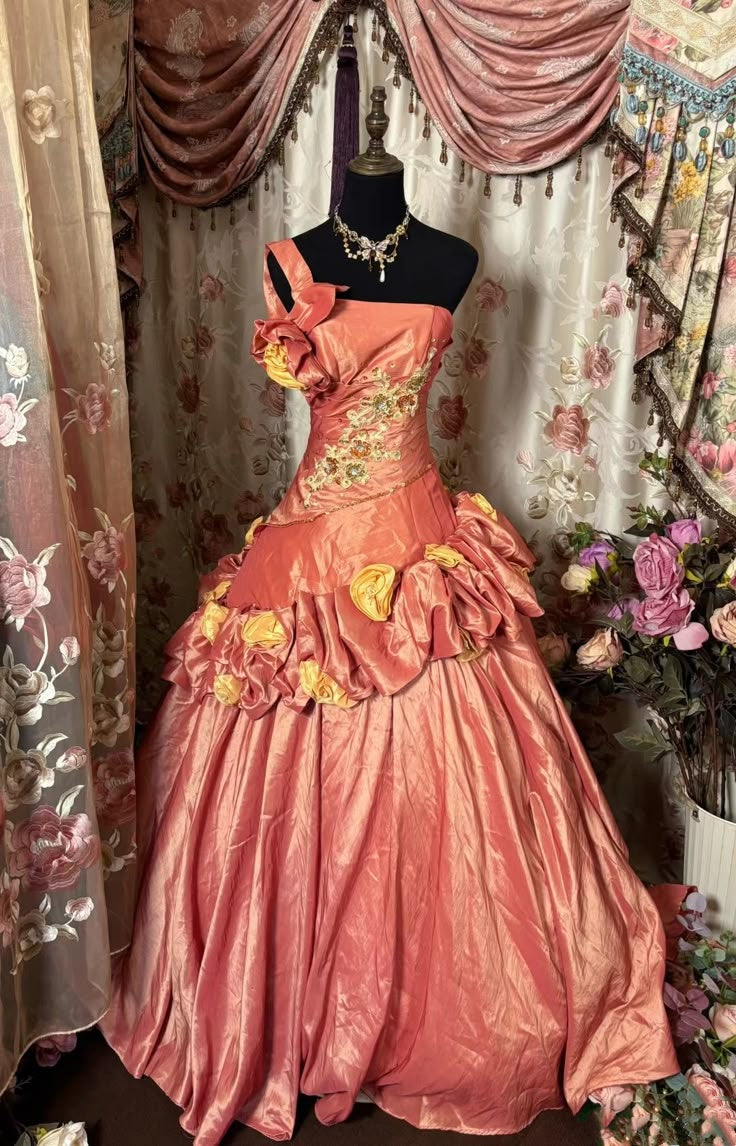 Luxurious Coral One Shoulder 3D Yellow Rose Appliques Embroidery Satin Train Voluminous Ball Gown Long Prom Dress AD1167