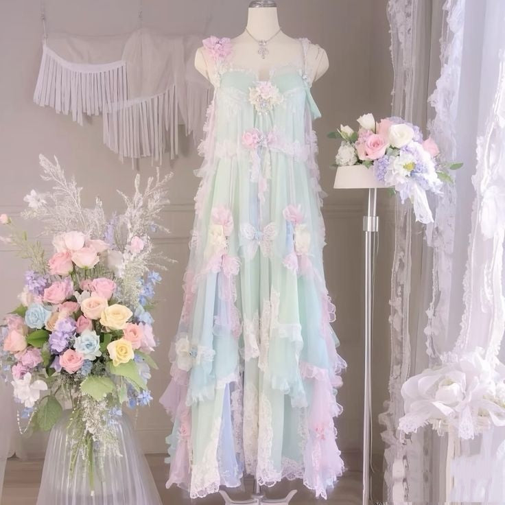 Dreamy Mint Pastel Color Block Spaghetti Strap 3D Floral & Bow Appliques Multi-Layer Lace Trim Sheer Chiffon A Line Prom Dress AD1168