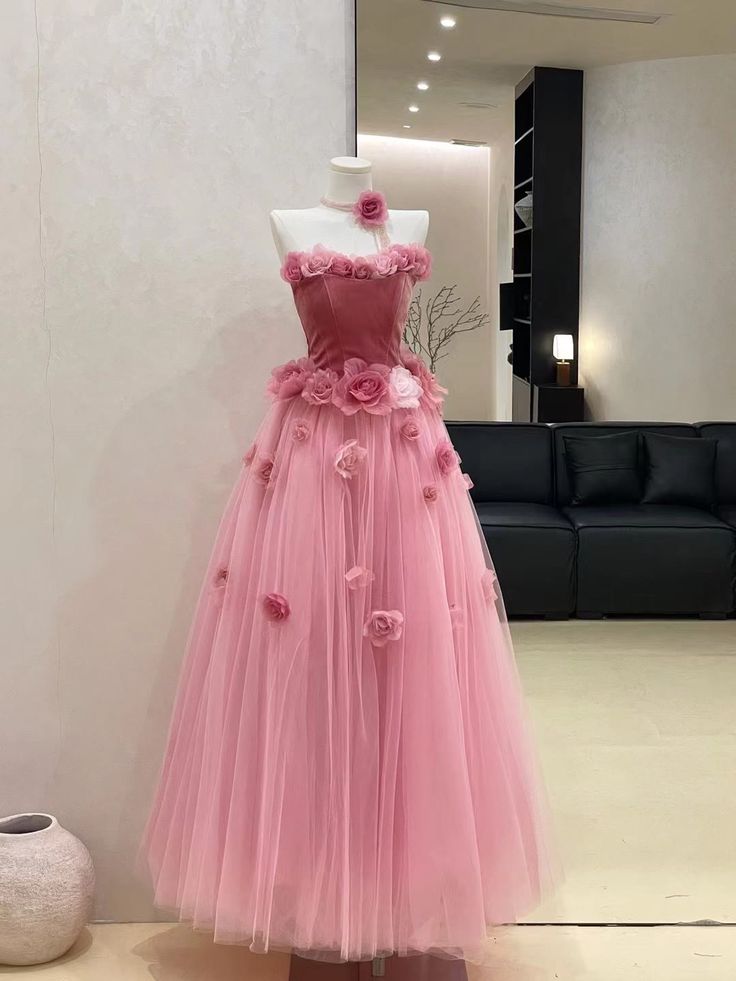 Romantic Pink Velvet Strapless 3D Rose Floral Trim A Line Voluminous Tulle Long Prom Dress AD1173