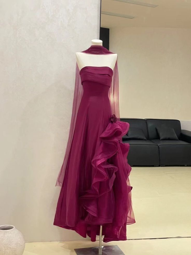 Glamorous Fuchsia Strapless Side Layered Ruffle Long A Line  Prom Dress AD1174
