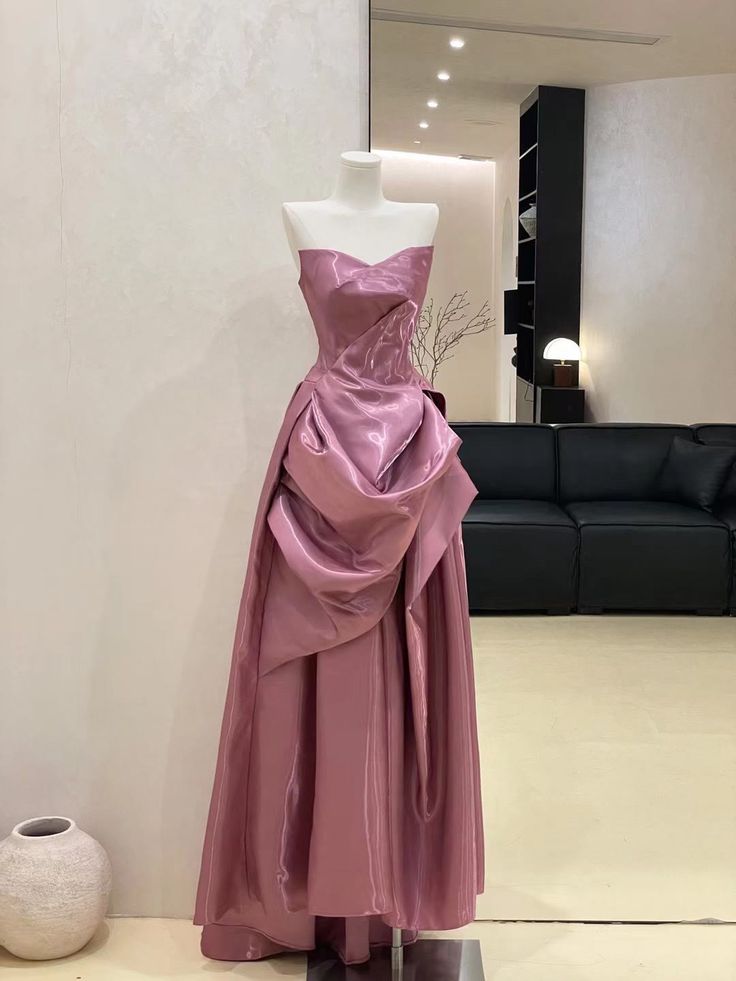 Glossy Dusty Rose Strapless Sweetheart Neck Draped Ruched A-Line Train Long Prom Dress AD1175