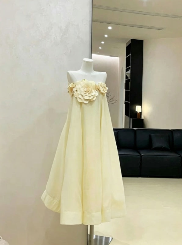 Fresh Yellow Strapless 3D Rose Floral Bust A Line Long Prom Dress AD1176