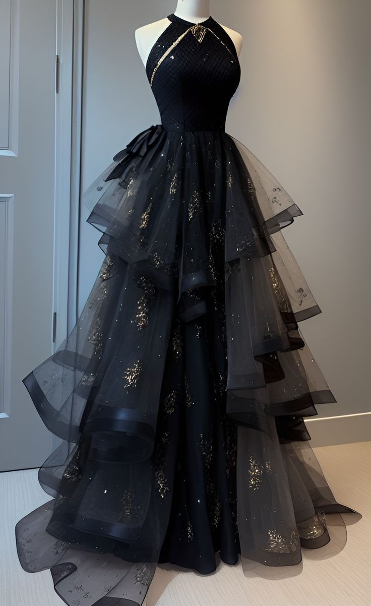 Regal Black Halter Gold Sparkle Applique Multi-Layer Ruffled Tulle A Line Long Prom Dress AD1177